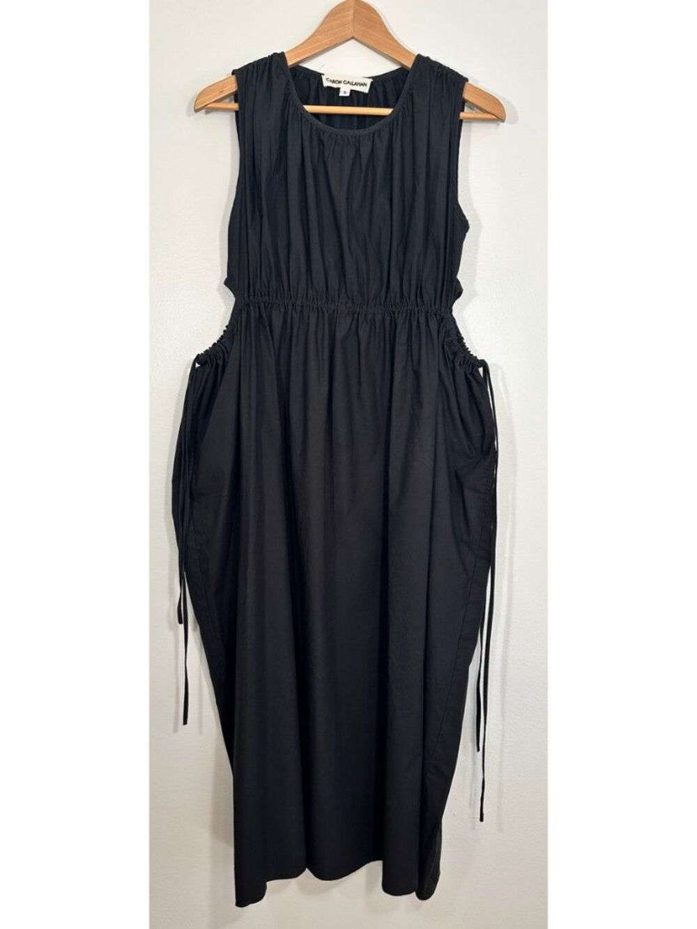 Caron Callahan Black Cotton Ruched Midi Dress S